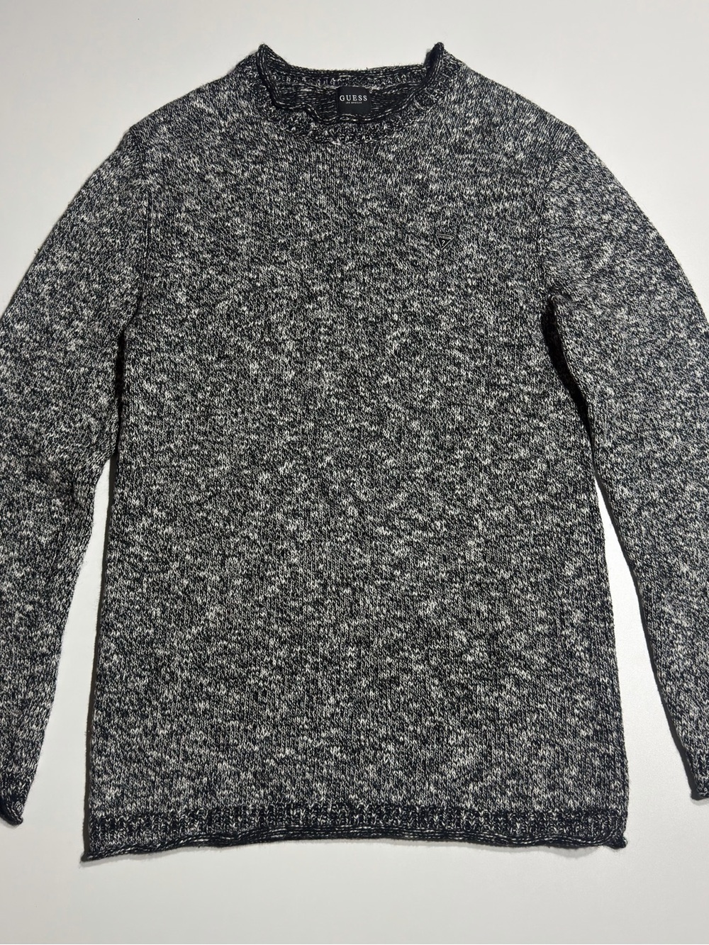 GUESS Men's Black and White Marled Crewneck Sweater